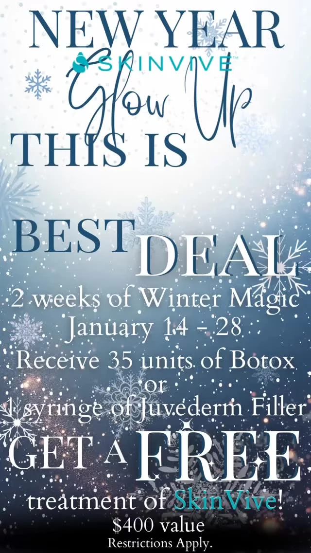 THE #BIGGESTDEAL we have ever put out!  #Skinvive is the #skin #tool to #cure #winter skin #blues 💙

LIMITED TIME: #January 14 through January 28, come in for your #Botox or #Juvederm #filler treatment, meet the requirements (35 units of #Botox or one full #syringe of #Juvéderm) and get a $400 #treatment of SkinVive on us!

This #hydrating #injectable is delivered via micro droplets under your skin #BOOSTING your skins #hydration 

Concerned about multiple injections?  We can send a #prescription to your pharmacy for numbing cream for a relaxed and #painless treatment. We also carry a highly concentrated numbing cream here at the office. You are welcome to come in and pick it up during office hours. ($29)

Bruising and swelling are very common side effects, so it is not recommended right before an event or #special occasion.  But #TRUST …  this #hydrating #magic is oh so worth it!