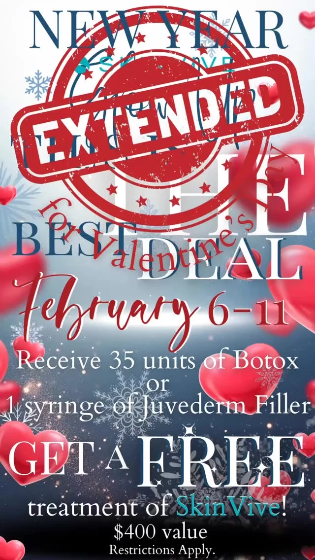 Our #BEST #deal ever just got #EXTENDED 🤯

Give an amazing #gift to your #skin with the #hydrating #magic of @skinvive 🫶

Come in for your #Botox or #juvederm #filler #treatment and let us gift you with a $400 treatment of #Skinvive 🩷🩷That’s LOVE🩷🩷

February 6 - February 11. While supplies last. Restrictions apply and space is limited! 

#naturalbalance #facialbalancing #selfcare #skincare #skincareroutine @alle @allerganaesthetics @skinvive