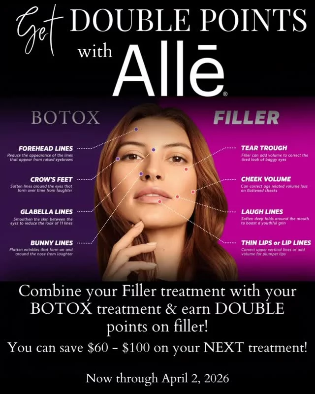 #ALLE is giving #doublepoints on filler when you combine your #Botox and #Filler treatment!  That is a potential savings of $60-$100 on your next visit! 

Hit the #refresh button & schedule your appointment by April 2 to take advantage of this fabulous deal!

@alle @allerganaesthetics @juvederm #facialbalancing #glowup